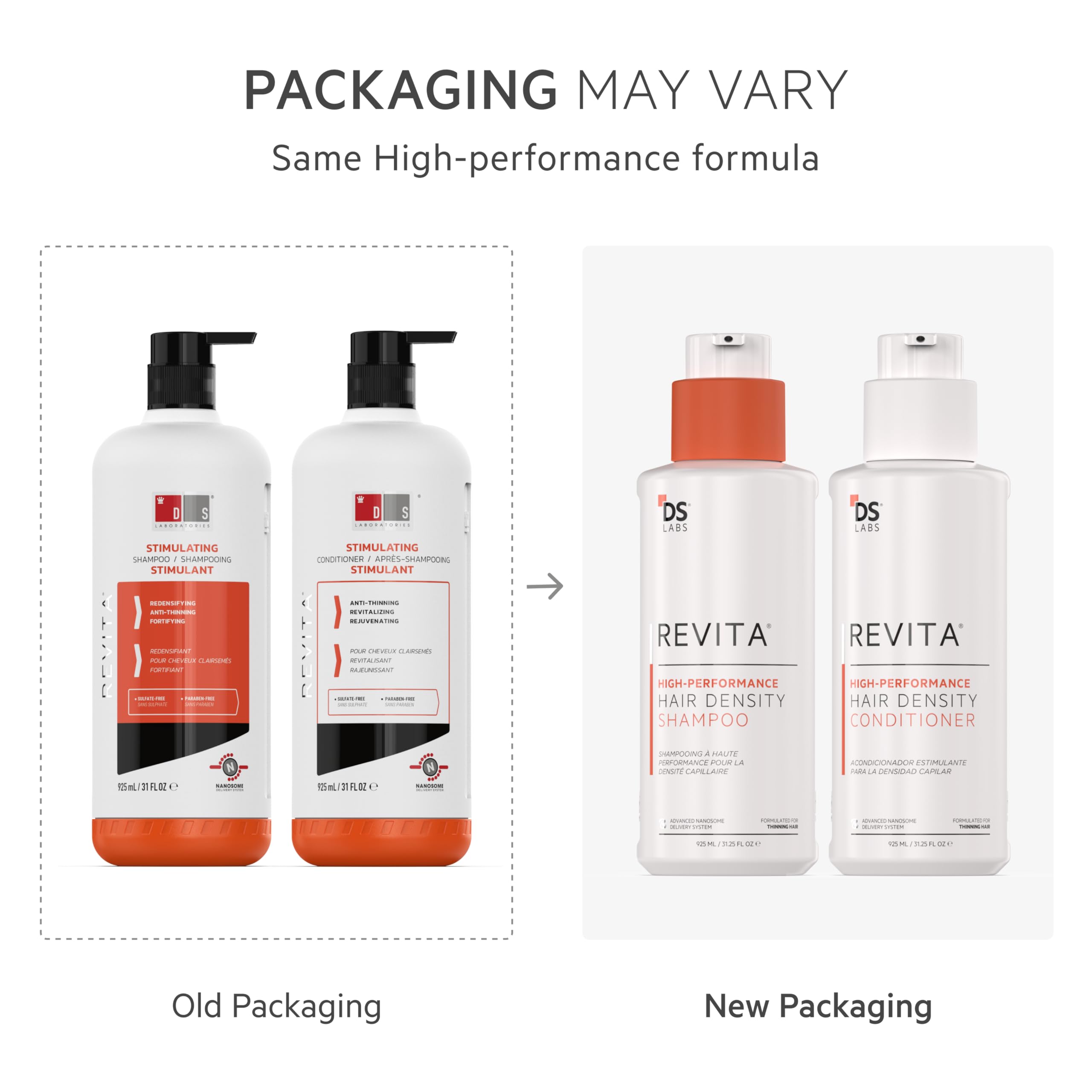 DS Laboratories Revita Conditioner bottle pour showing soft, manageable hair with natural shine.