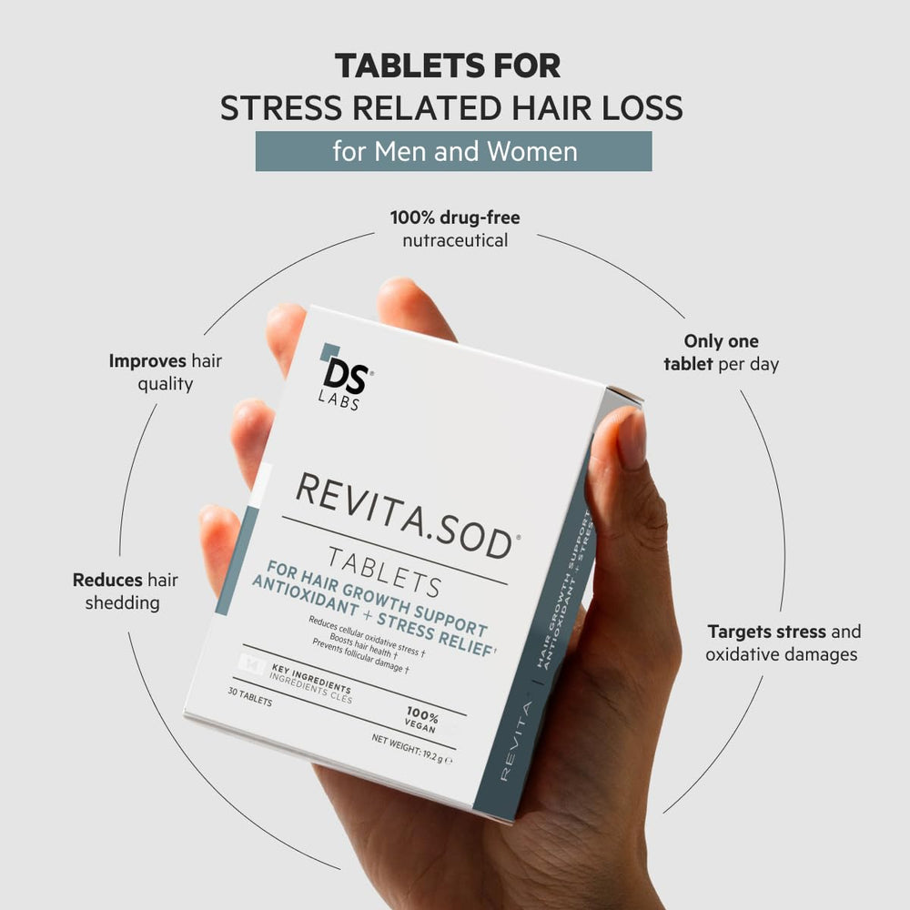 DS Laboratories Revita.SOD tablet being poured for easy nightly supplementation and consistent hair support