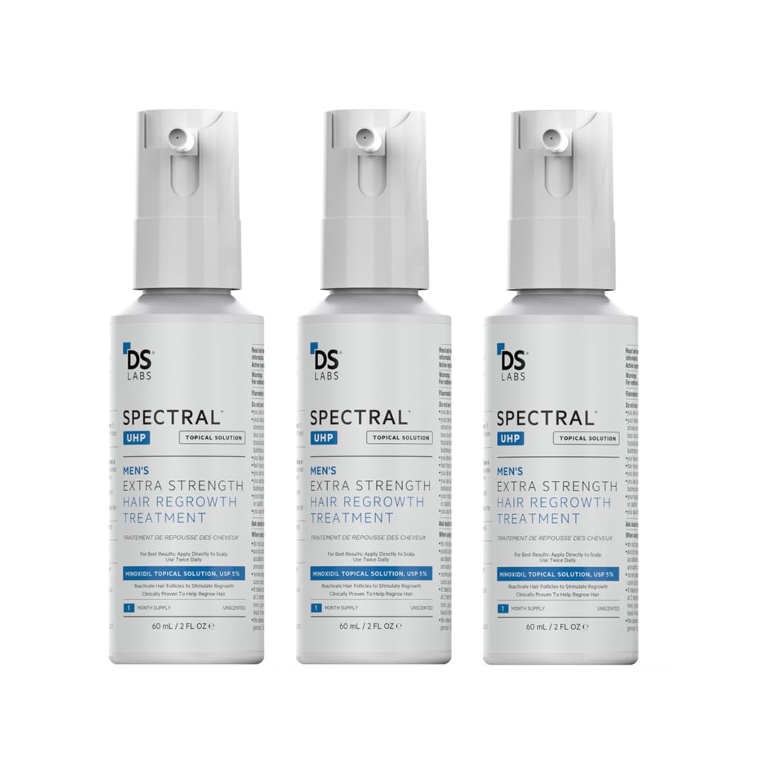DS Laboratories Spectral.UHP bottle close-up shows high-strength minoxidil formula for fuller look.
