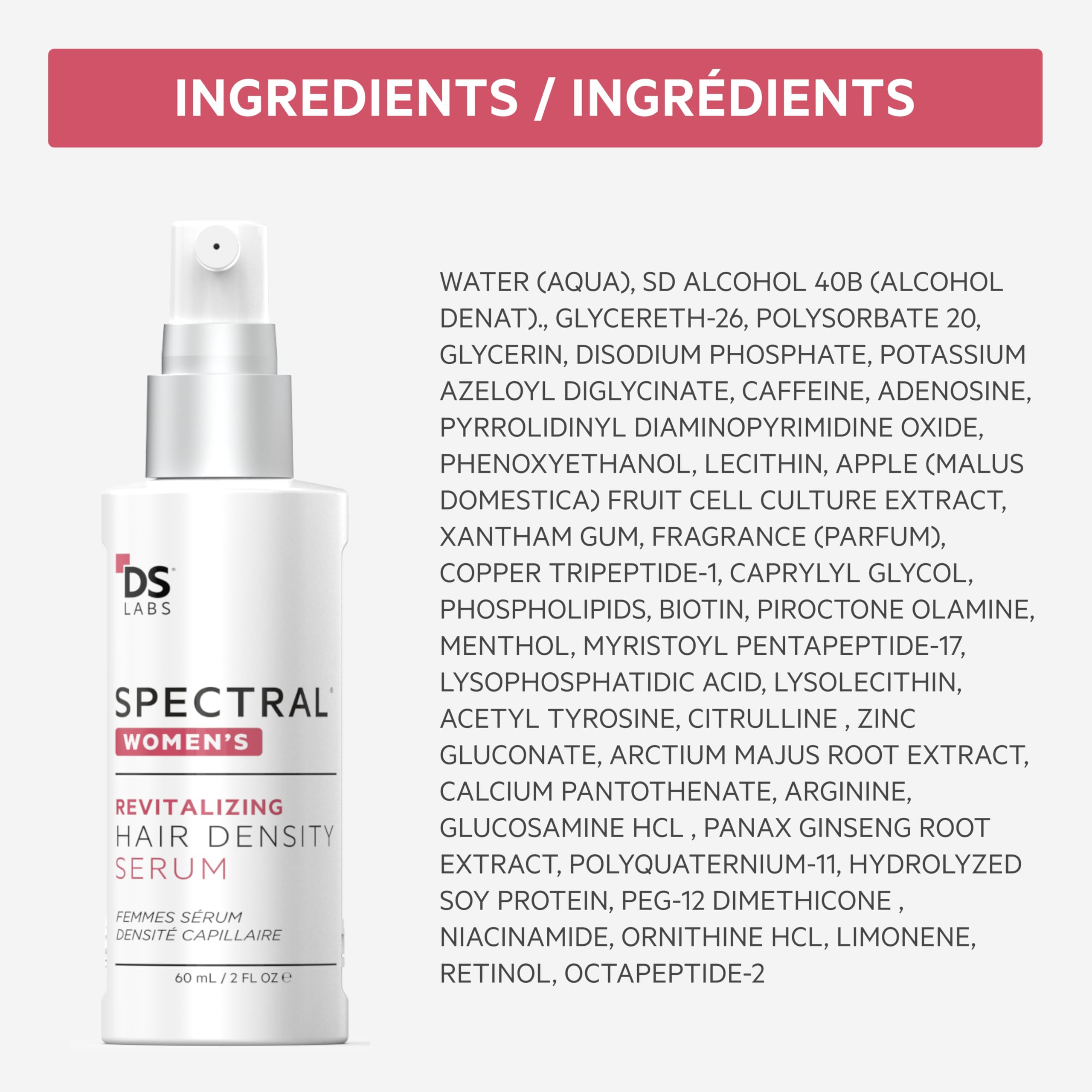 DS Laboratories Spectral Women’s Hair Density Serum product shot conveys lightweight formula for all hair types.