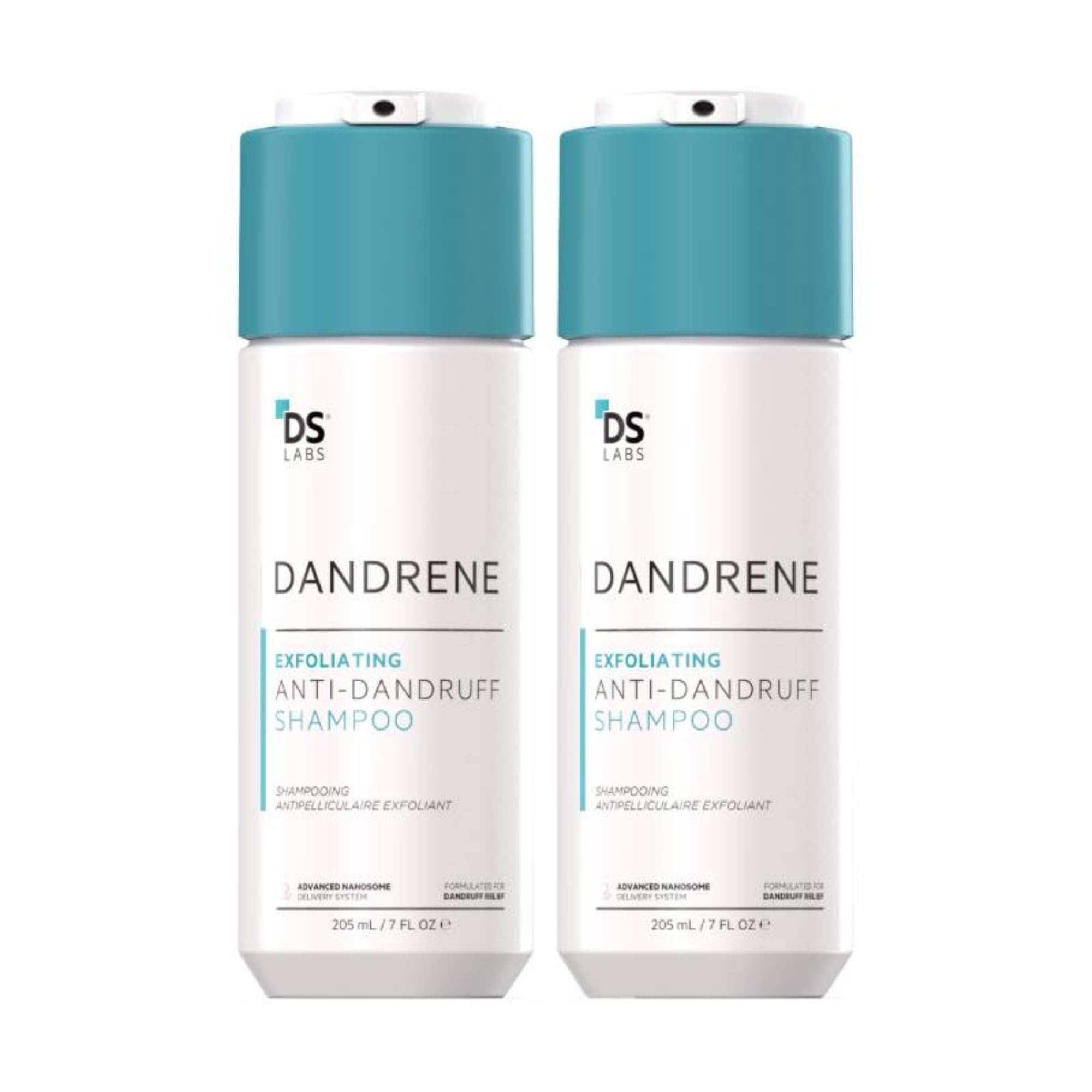 DS Labs Dandrene shampoo bottle showcases exfoliating action for flaky, itchy scalp