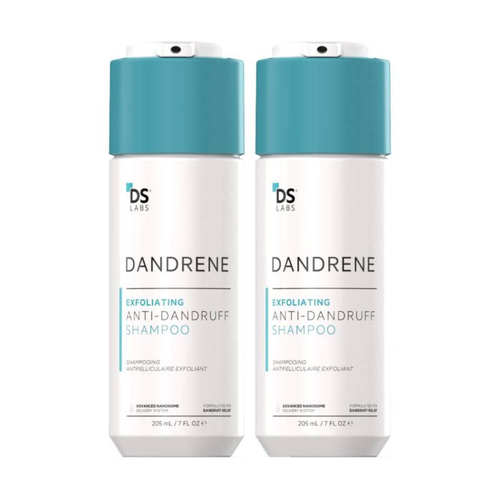 DS Labs Dandrene shampoo bottle showcases exfoliating action for flaky, itchy scalp