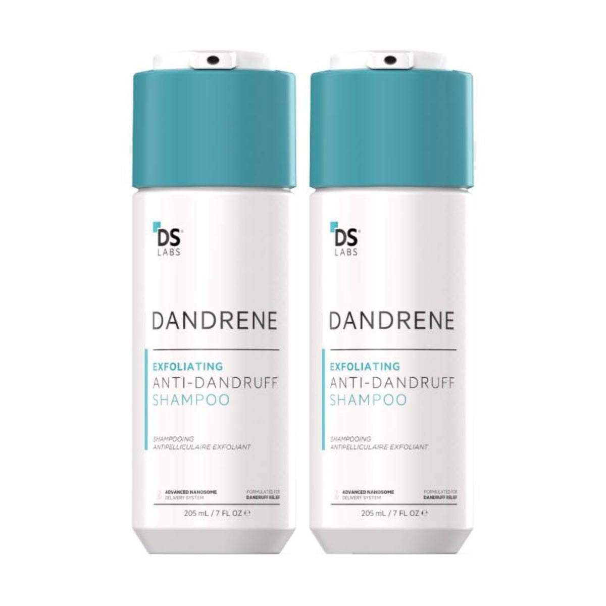 DS Labs Dandrene shampoo bottle showcases exfoliating action for flaky, itchy scalp