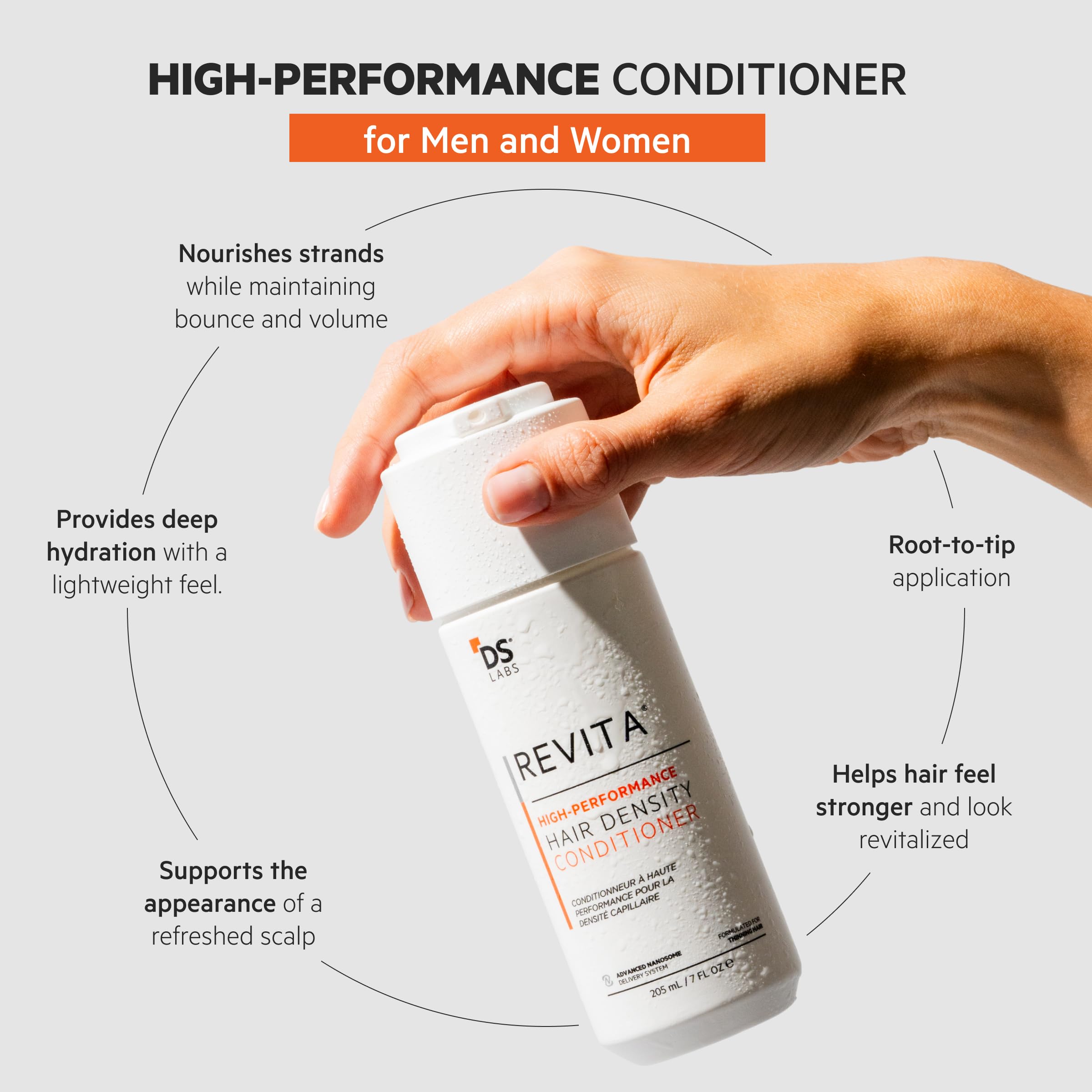 DS Laboratories Revita Conditioner label close-up highlights color-safe formula and premium ingredients.