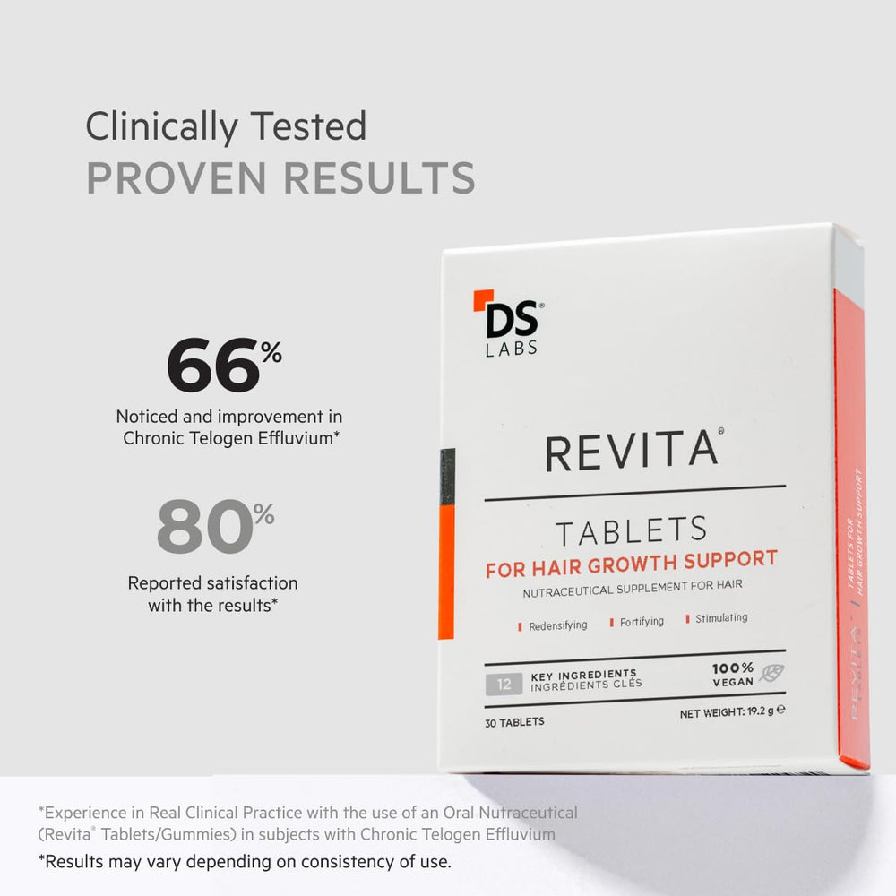 DS Laboratories Revita tablet held in hand emphasizes portable hair wellness.