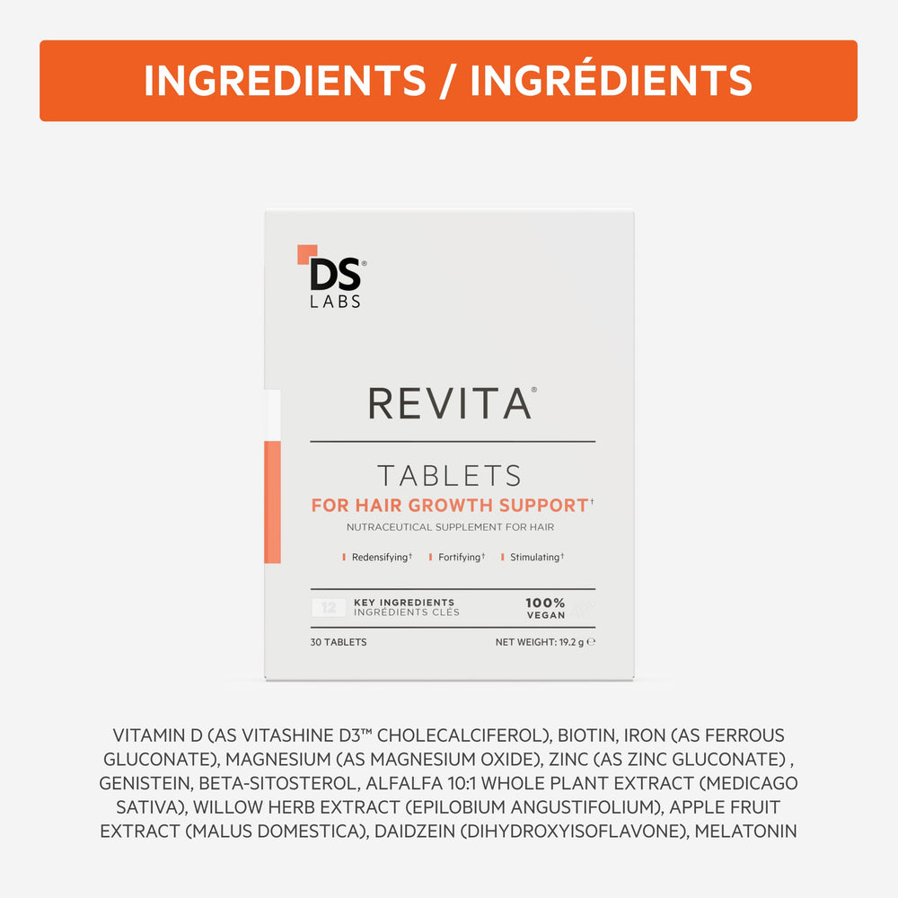 DS Laboratories Revita bottle with nutrition note reinforces hair-friendly daily habit.