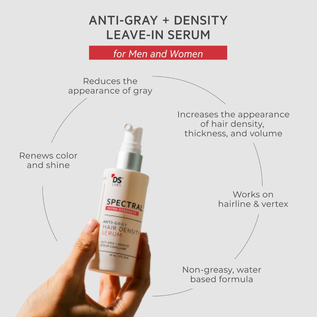 DS Laboratories Spectral Extra Strength Serum applied to a hair section for density visualization.