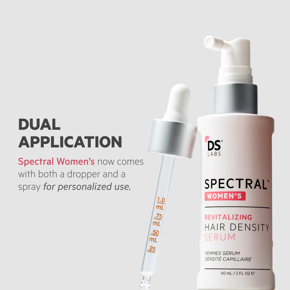 DS Laboratories Spectral Women's Hair Density Serum ingredients close-up—nanoxidil and caffeine for healthy-looking scalp.