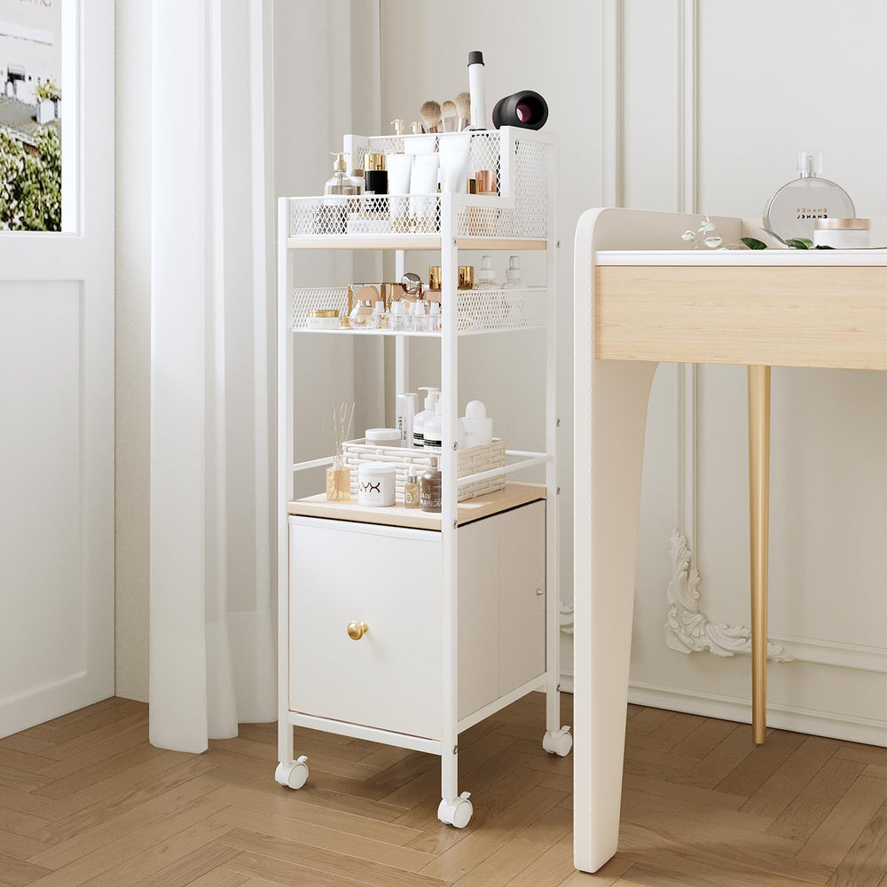 Dsmadn in-use shot shows organized cosmetics and skincare within reach