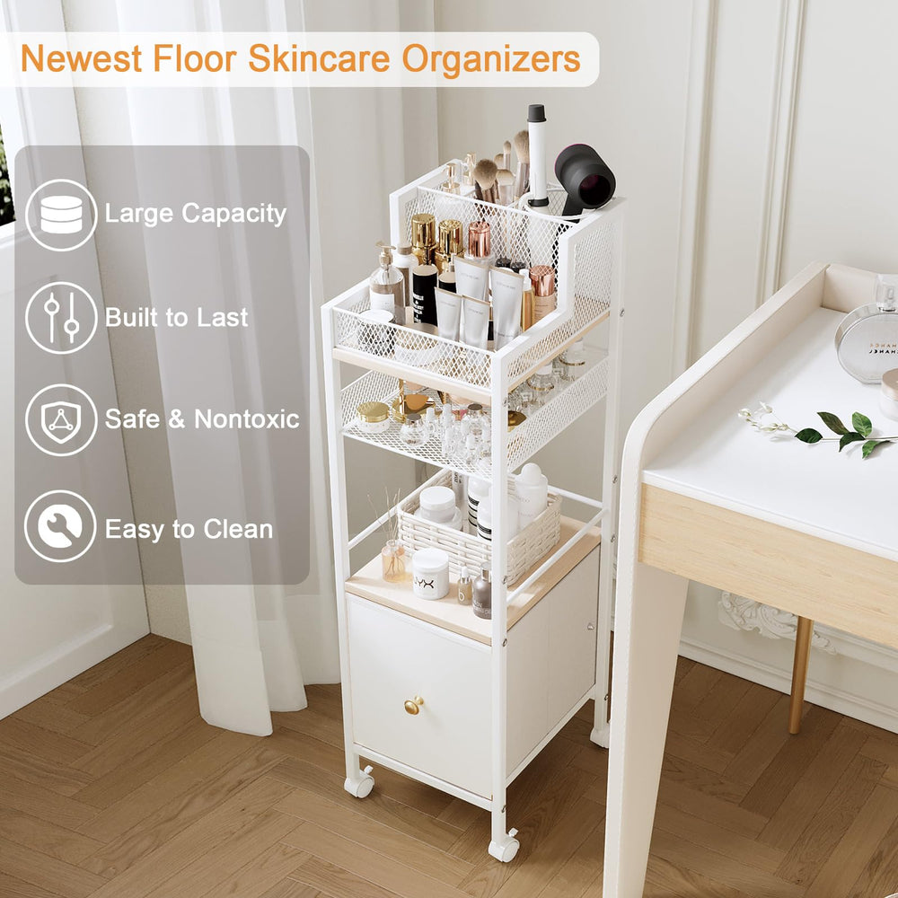 Dsmadn floor organizer shows rotating casters for easy repositioning in bathroom