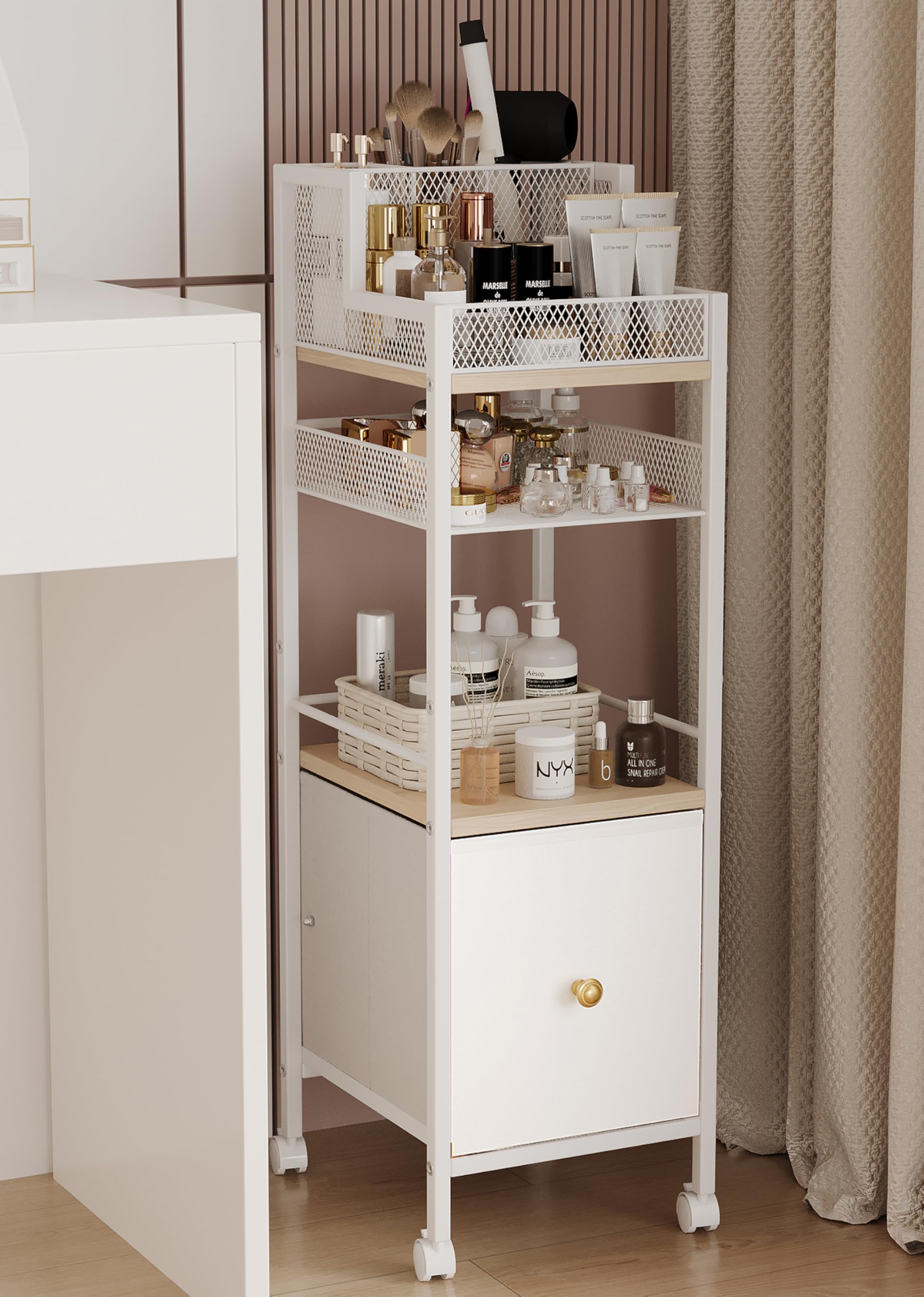 Dsmadn floor makeup organizer cart side view demonstrates compact storage for skincare and cosmetics