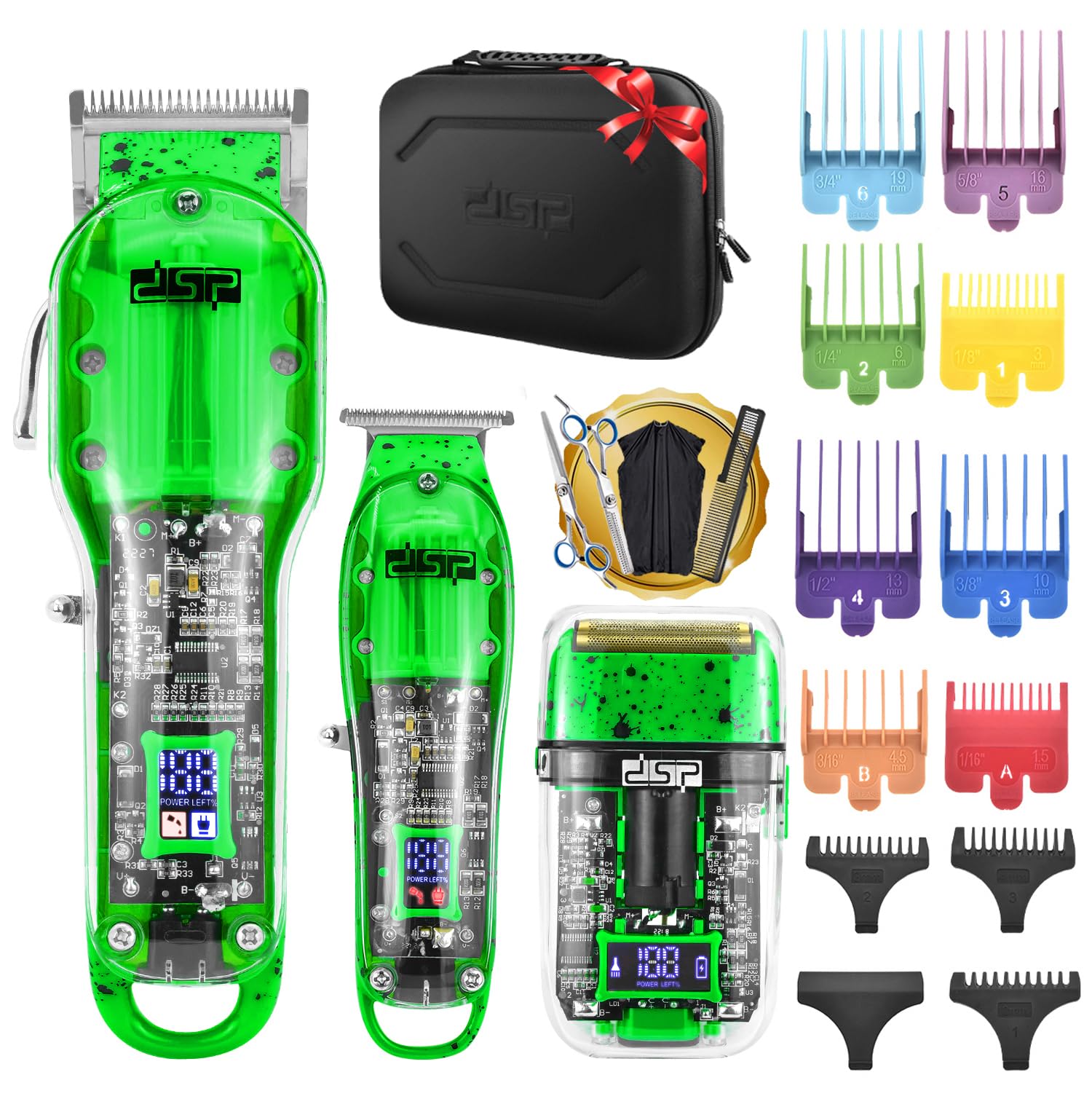 DSP hair clipper set with travel case for on-the-go professional grooming.