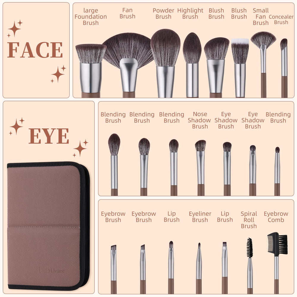 DUcare diverse brush types support foundation to eyeshadow applications.