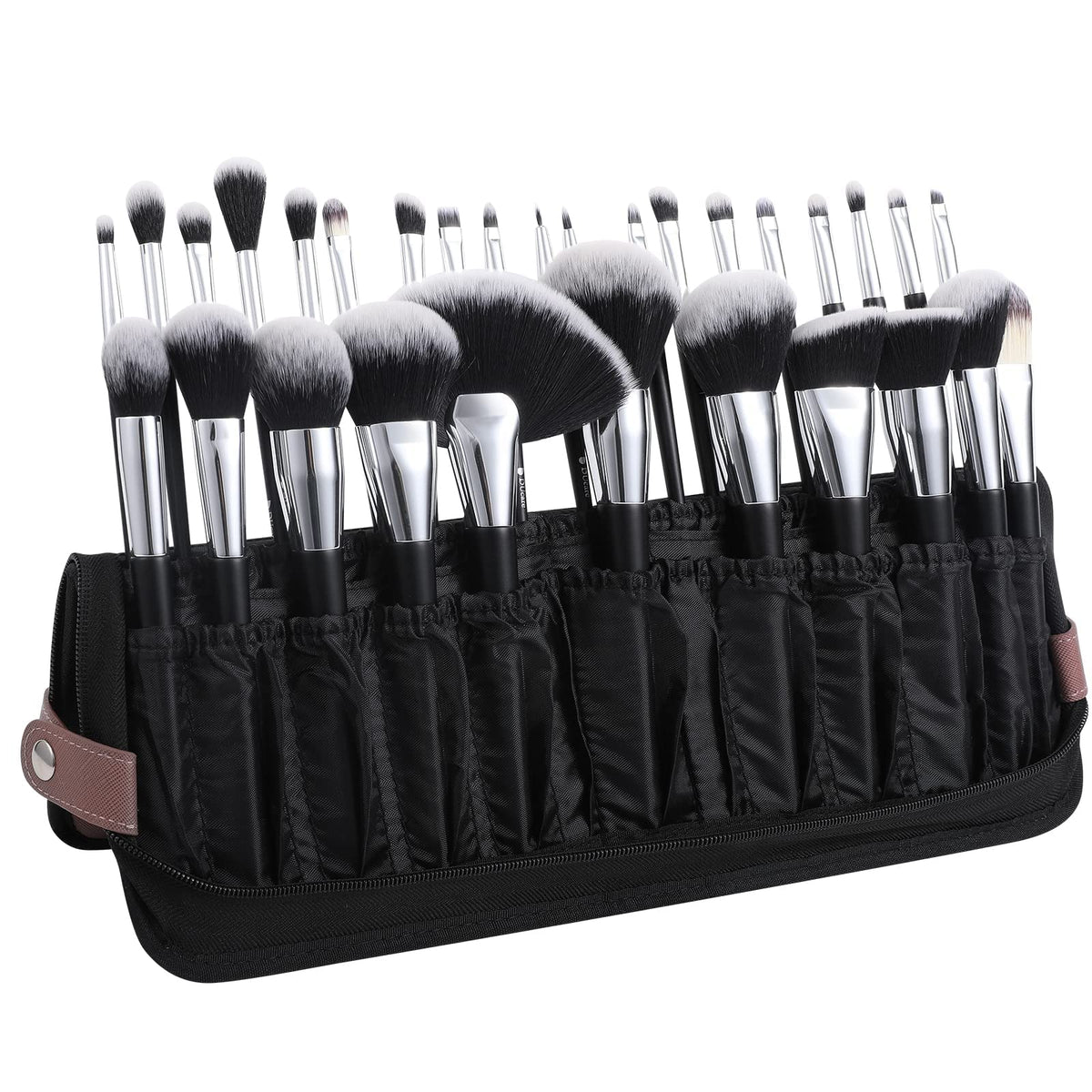DUcare makeup brushes organizer open view showing 30 elastic pockets for easy brush access