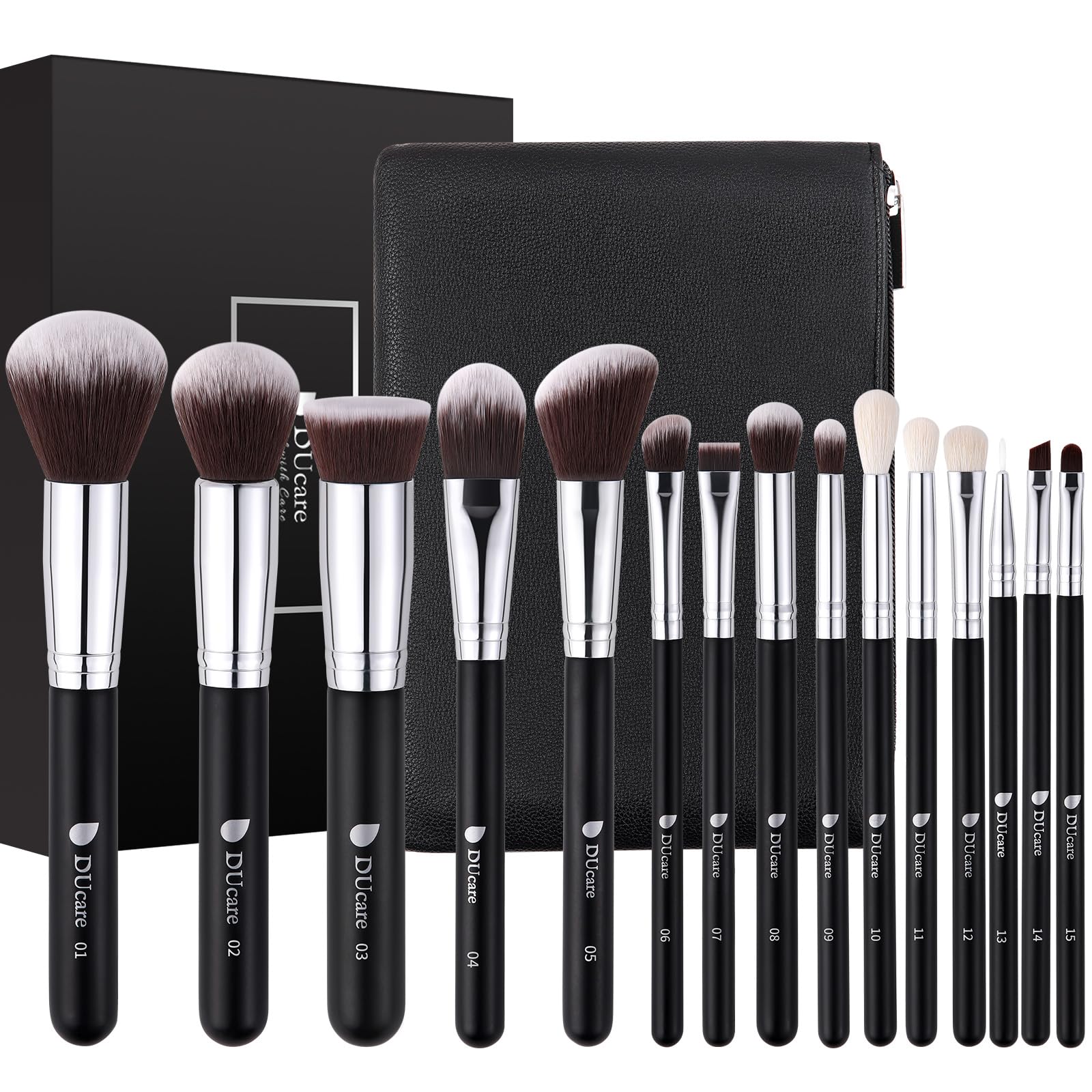 DUcare makeup brushes with bag 15pc set arranged for travel-ready makeup