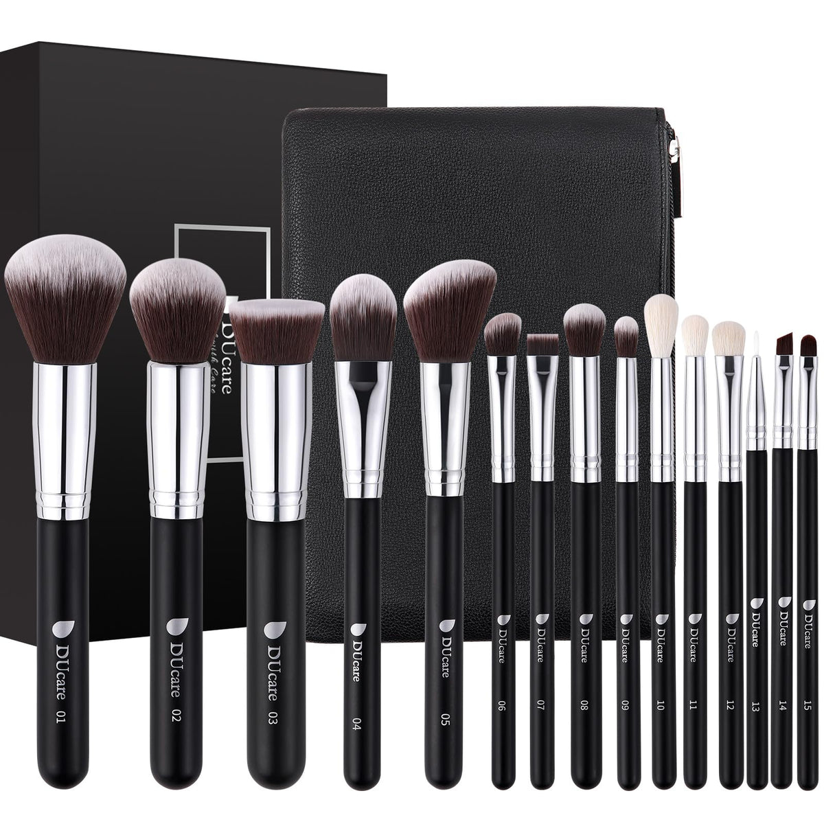 DUcare makeup brushes with bag 15pc set arranged for travel-ready makeup