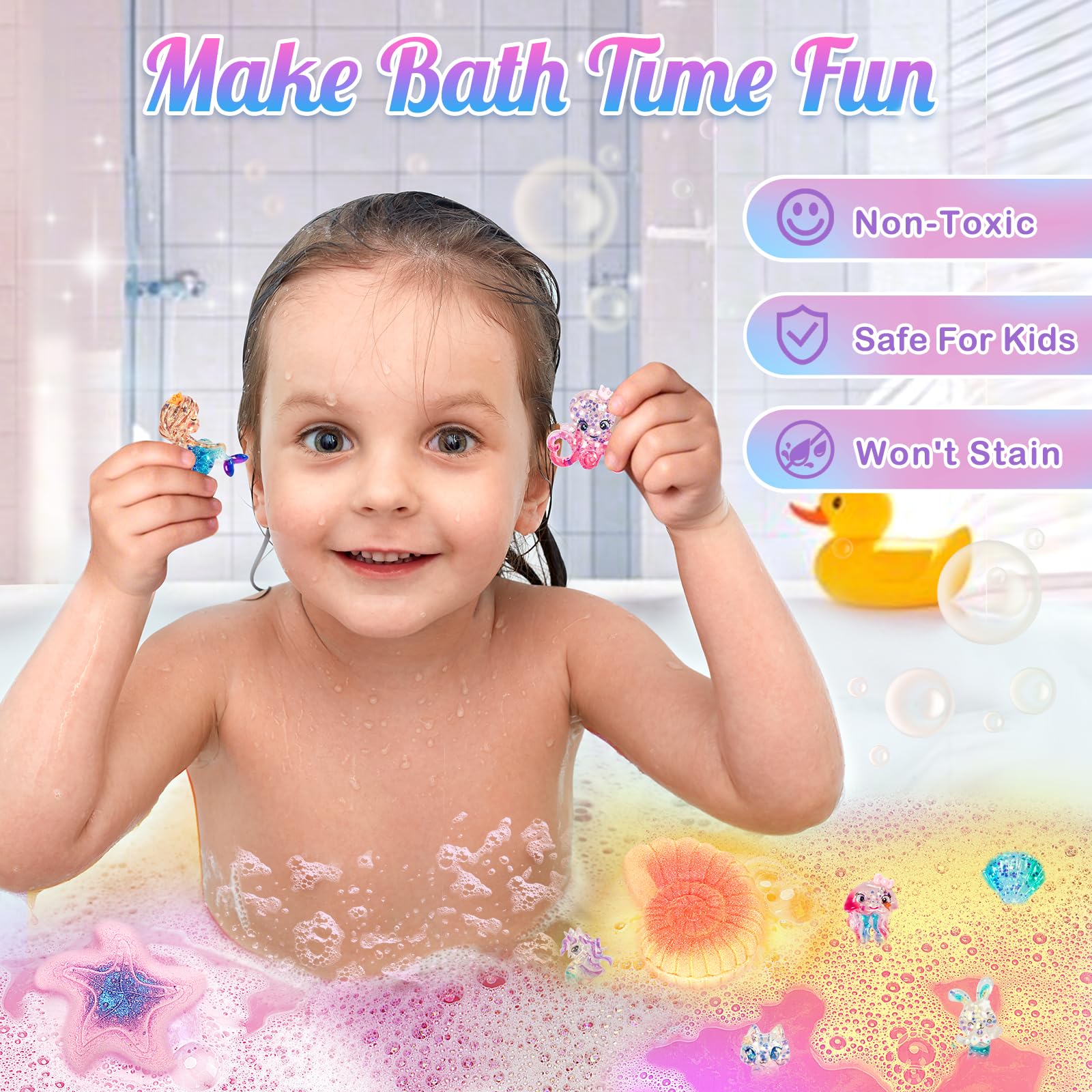 Duchong kids bath tub scene shows vibrant bubbles and mermaid play