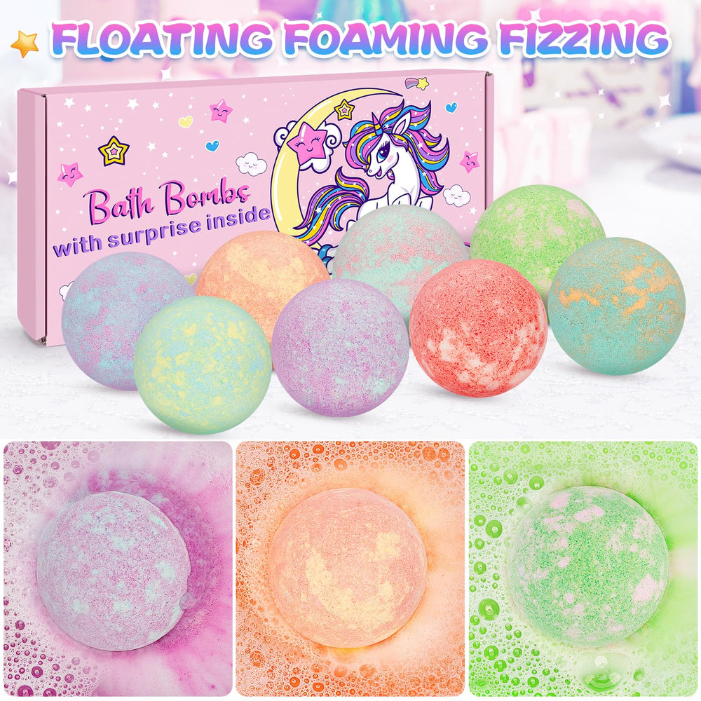 Duchong unicorn bath bombs transform bathwater into vibrant hues with fragrance.