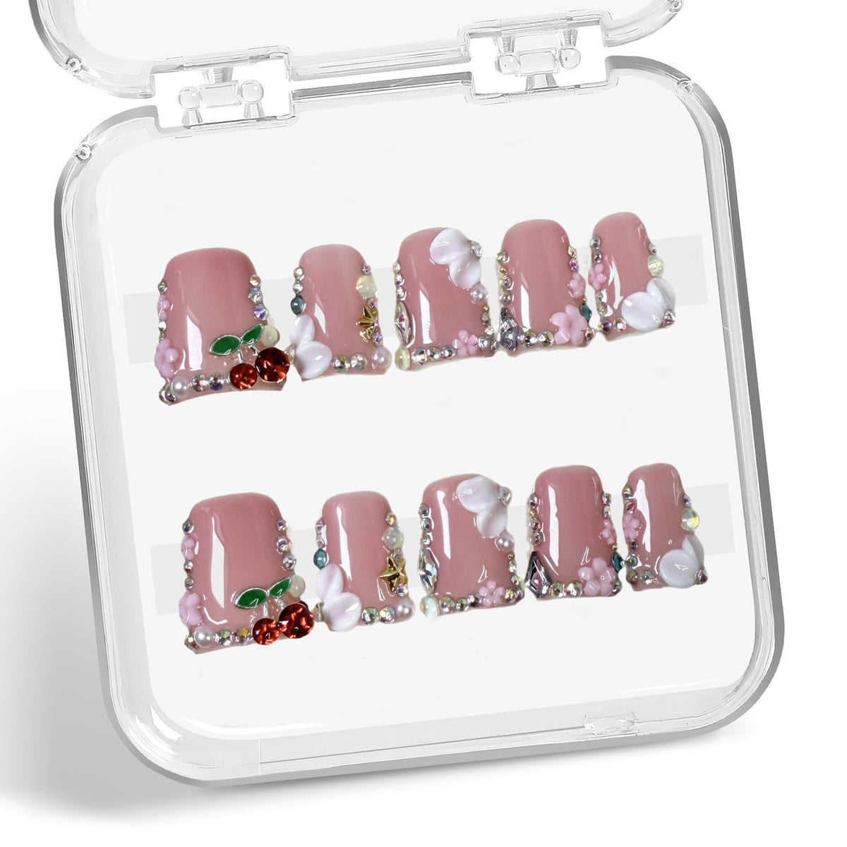 Duck Press on Nails 3D cherry rhinestones for party glam.