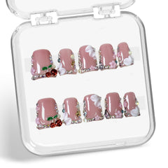 Duck Press on Nails 3D cherry rhinestones for party glam.