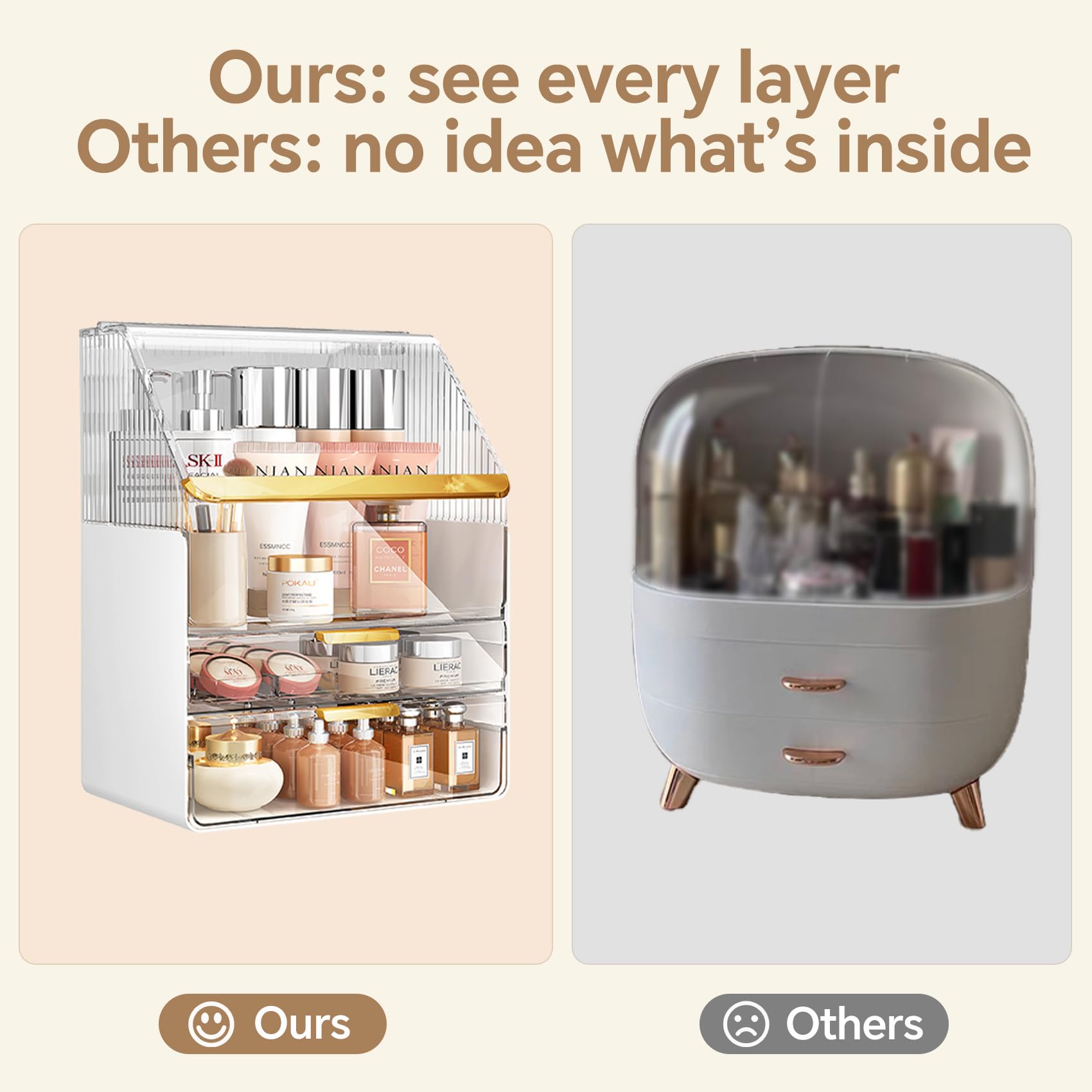 Ducoak 360-visibility design reduces rummaging during your beauty routine.