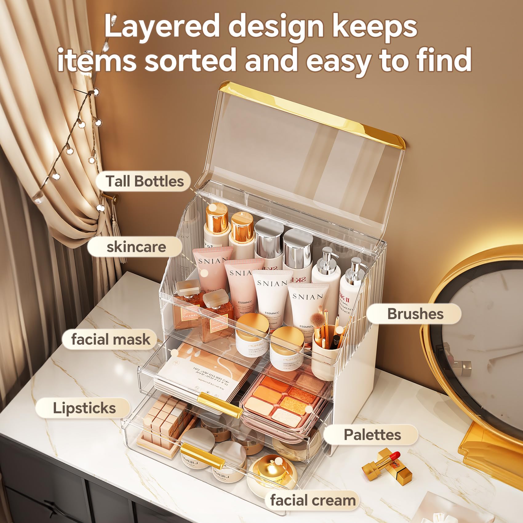 Ducoak lower area stores small items like lipsticks and compacts neatly.