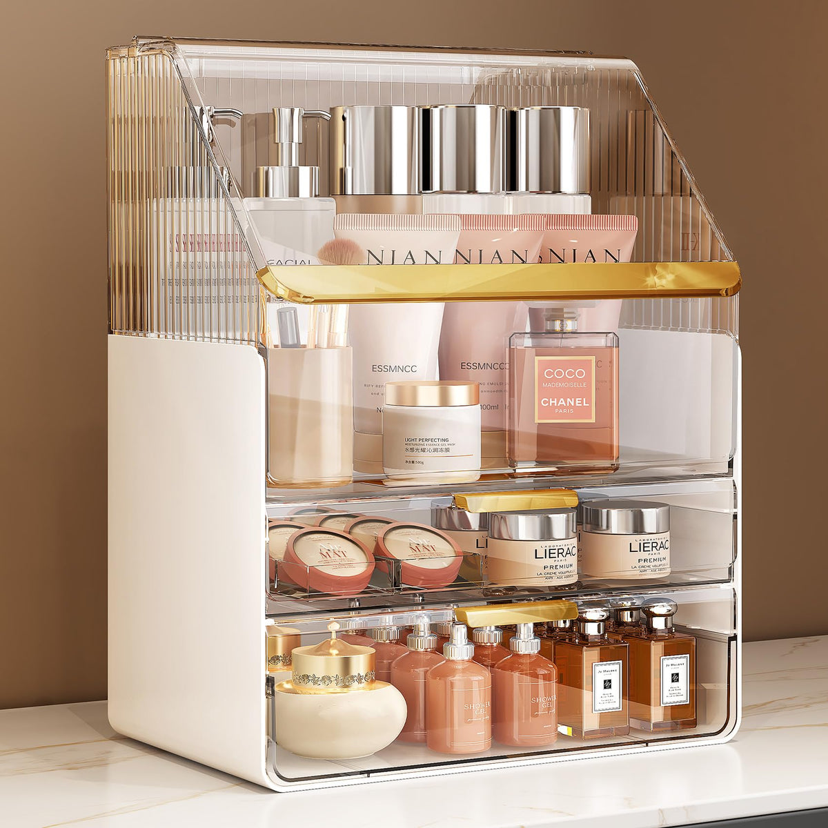 Ducoak makeup organizer 3-tier with lid keeps cosmetics organized and accessible.