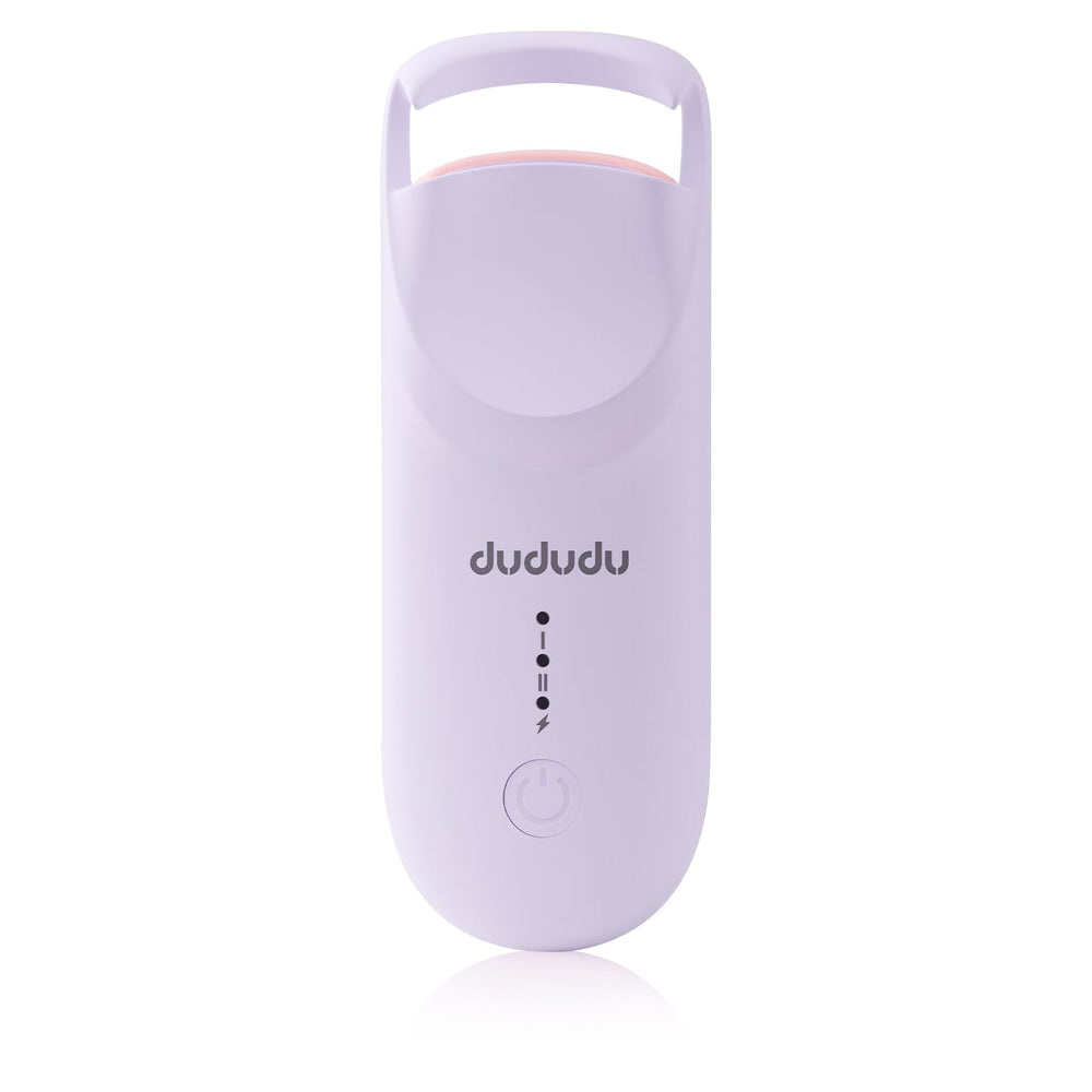 DUDUDU heated eyelash curler close-up highlighting even heat distribution for gentle curling.