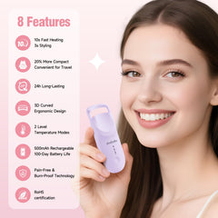 DUDUDU curler in hand demonstrates compact travel-size design for on-the-go styling.