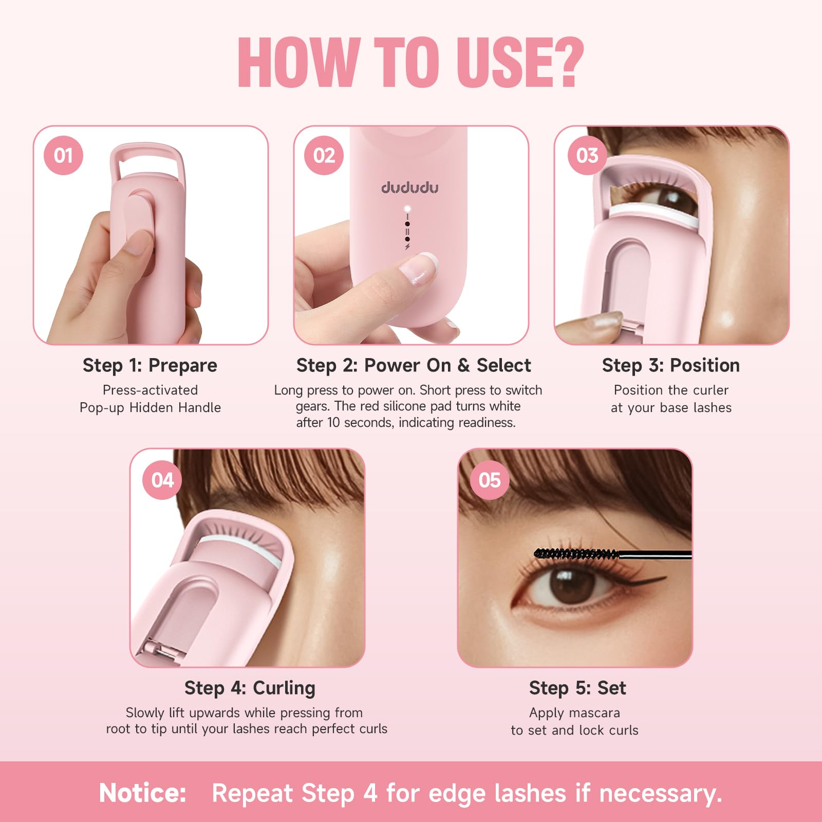 DUDUDU Heated Lash Curler in-use image highlights 10s heat and 3s styling