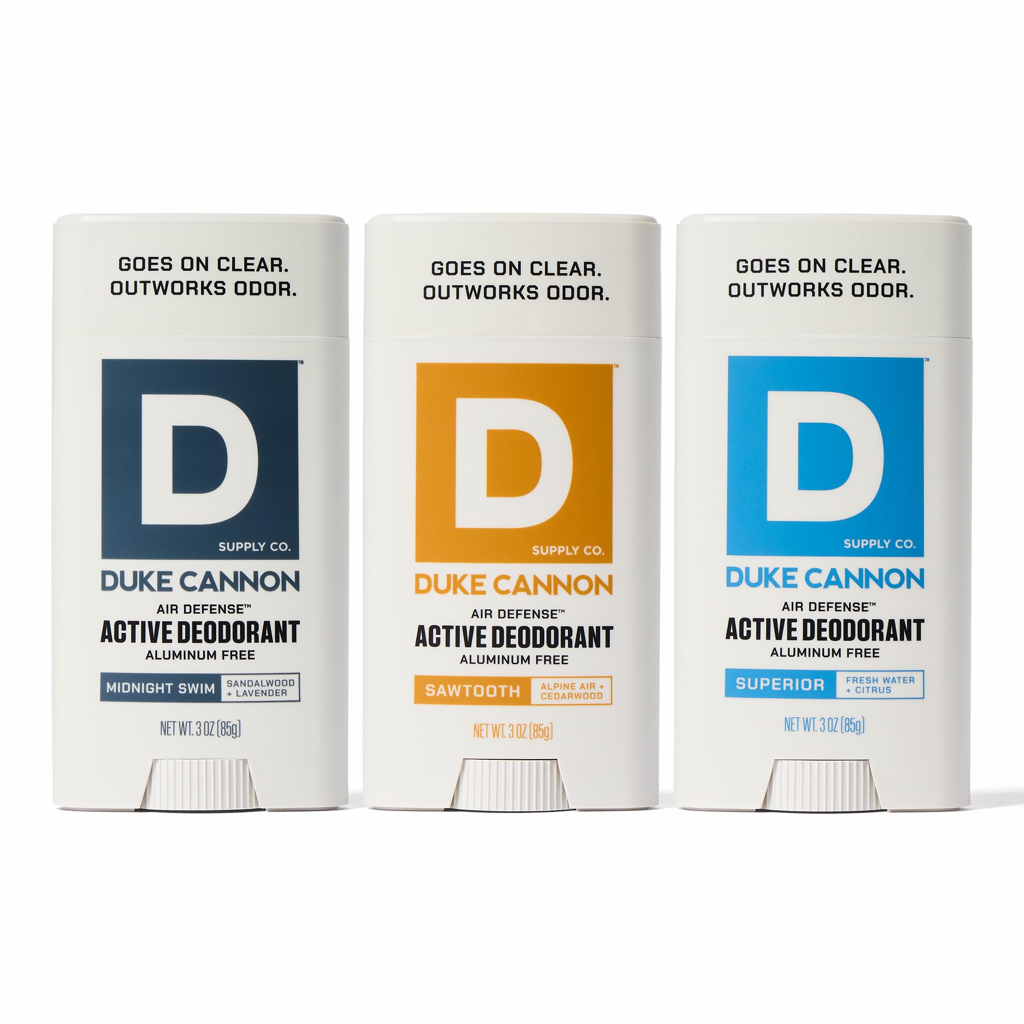Duke Cannon Air Defense triple-pack front view for all-day freshness.