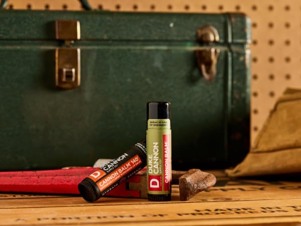 Duke Cannon Balm being applied for lip protection on site