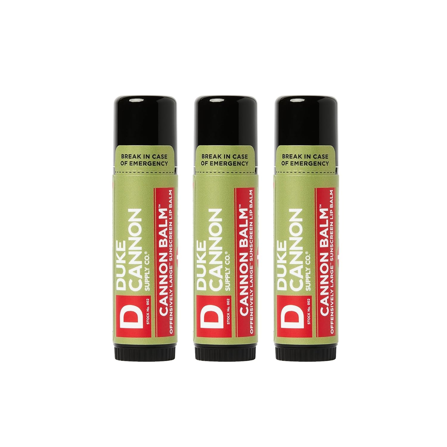 Duke Cannon Balm Tactical lip balm 3-pack packshot showing convenient outdoor-ready protection