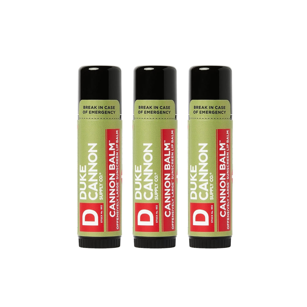 Duke Cannon Balm Tactical lip balm 3-pack packshot showing convenient outdoor-ready protection