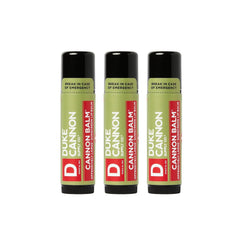 Duke Cannon Balm Tactical lip balm 3-pack packshot showing convenient outdoor-ready protection