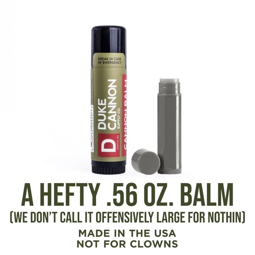 Duke Cannon Balm Tactical 0.56oz tubes arranged for long-lasting lip protection