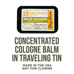 Duke Cannon Bay Rum notes highlight citrus musk and bright fragrance imagery.