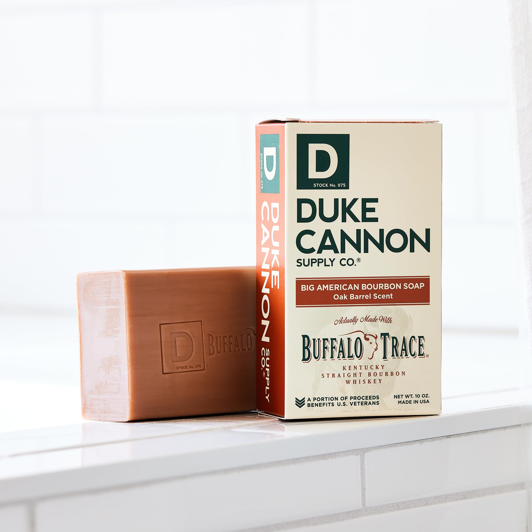duke cannon big american bourbon soap packaging image emphasizes USA-made multi-pack value.