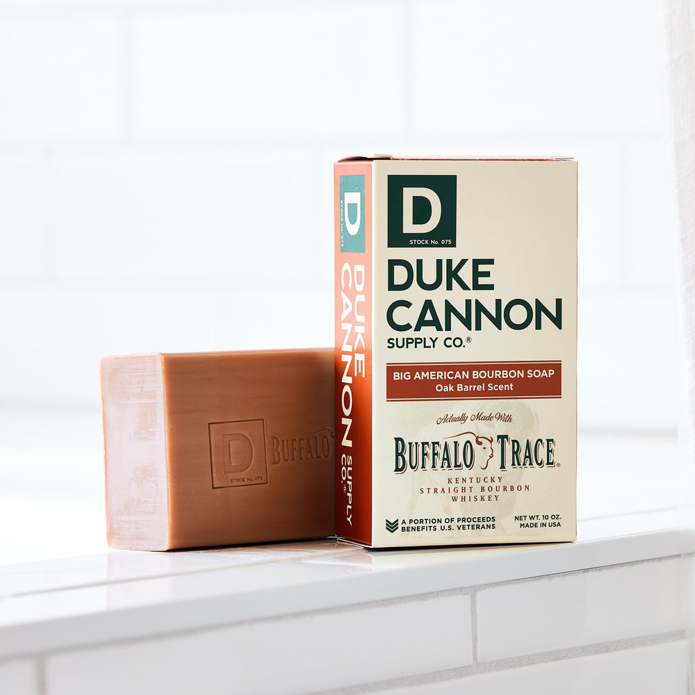 duke cannon big american bourbon soap packaging image emphasizes USA-made multi-pack value.