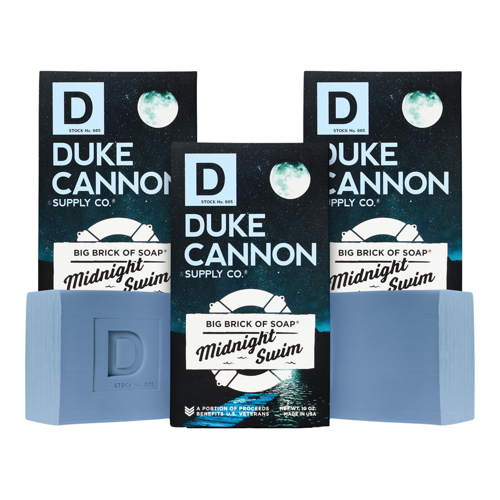 Duke Cannon Big Brick of Soap Midnight Swim pack closeup for long-lasting freshness