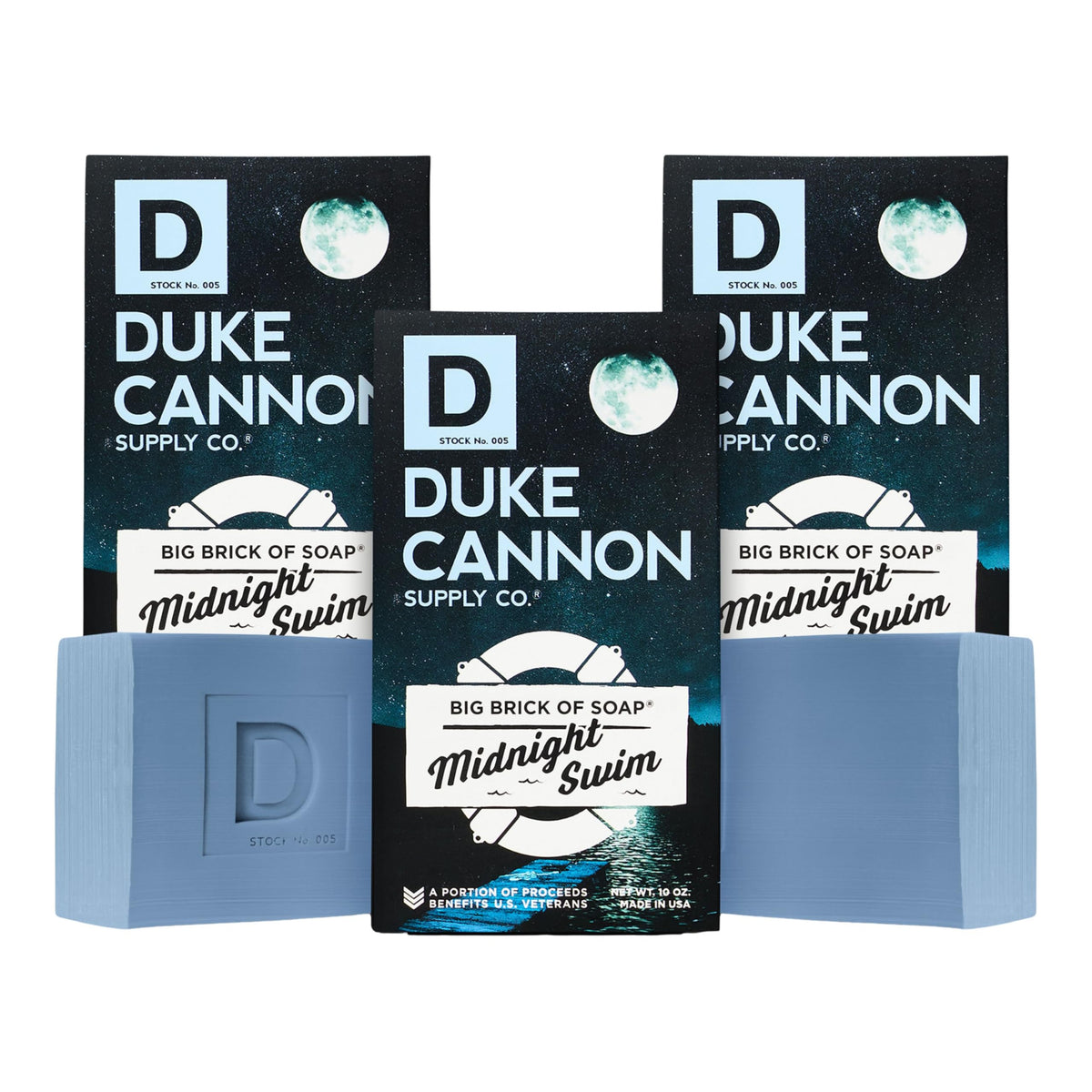 Duke Cannon Big Brick of Soap Midnight Swim pack closeup for long-lasting freshness