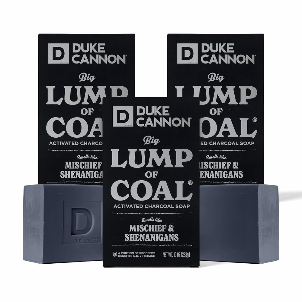 Duke Cannon Big Lump of Coal Holiday Edition packaging showcases festive gift-ready wrapping.