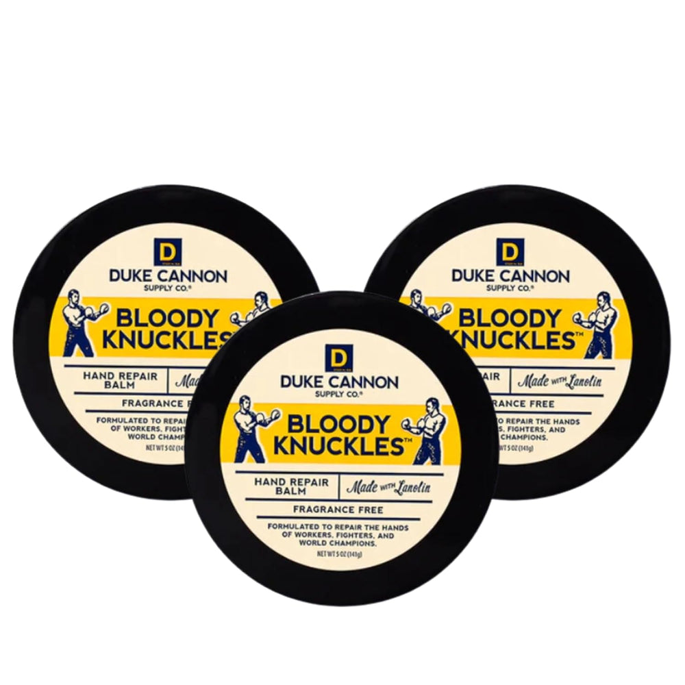 Duke Cannon Bloody Knuckles balm jar showing unscented formula for dry hands