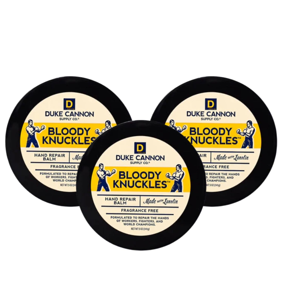 Duke Cannon Bloody Knuckles balm jar showing unscented formula for dry hands