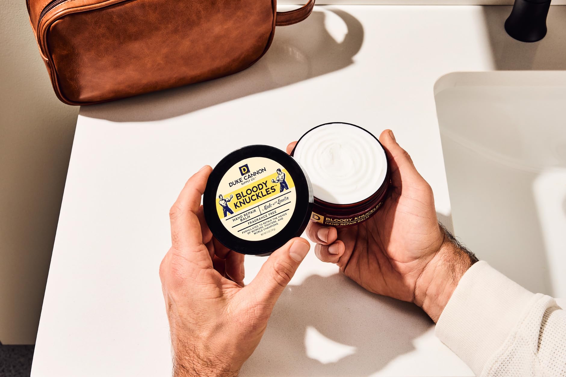 Duke Cannon Bloody Knuckles unscented balm label close up