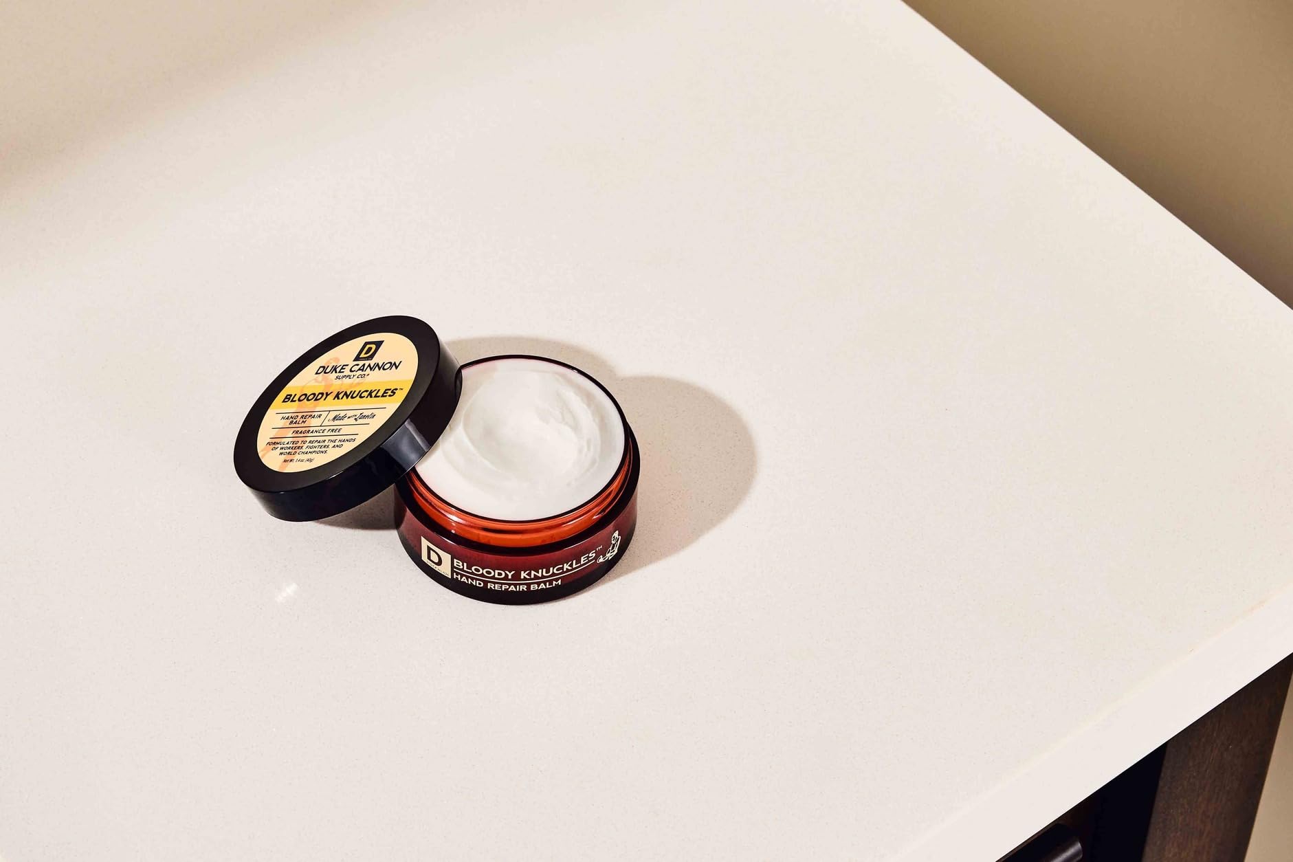 Non greasy finish of Duke Cannon Bloody Knuckles balm after application
