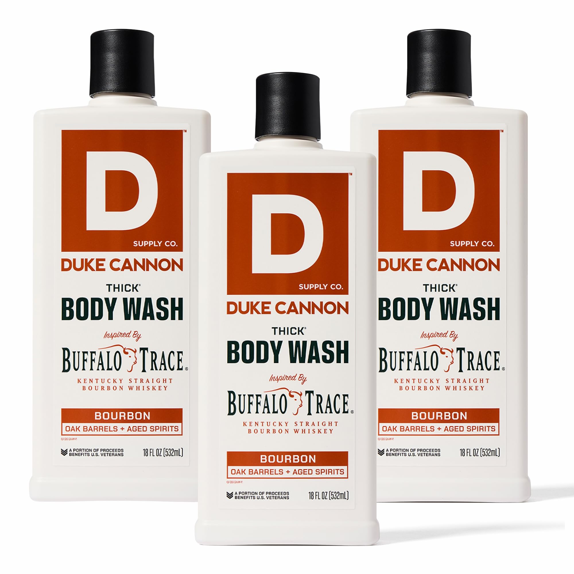 Duke Cannon Bourbon Thick Body Wash 18oz bottle pour for a bold, thorough clean.