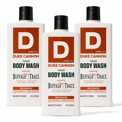 Duke Cannon Bourbon Thick Body Wash 18oz bottle pour for a bold, thorough clean.