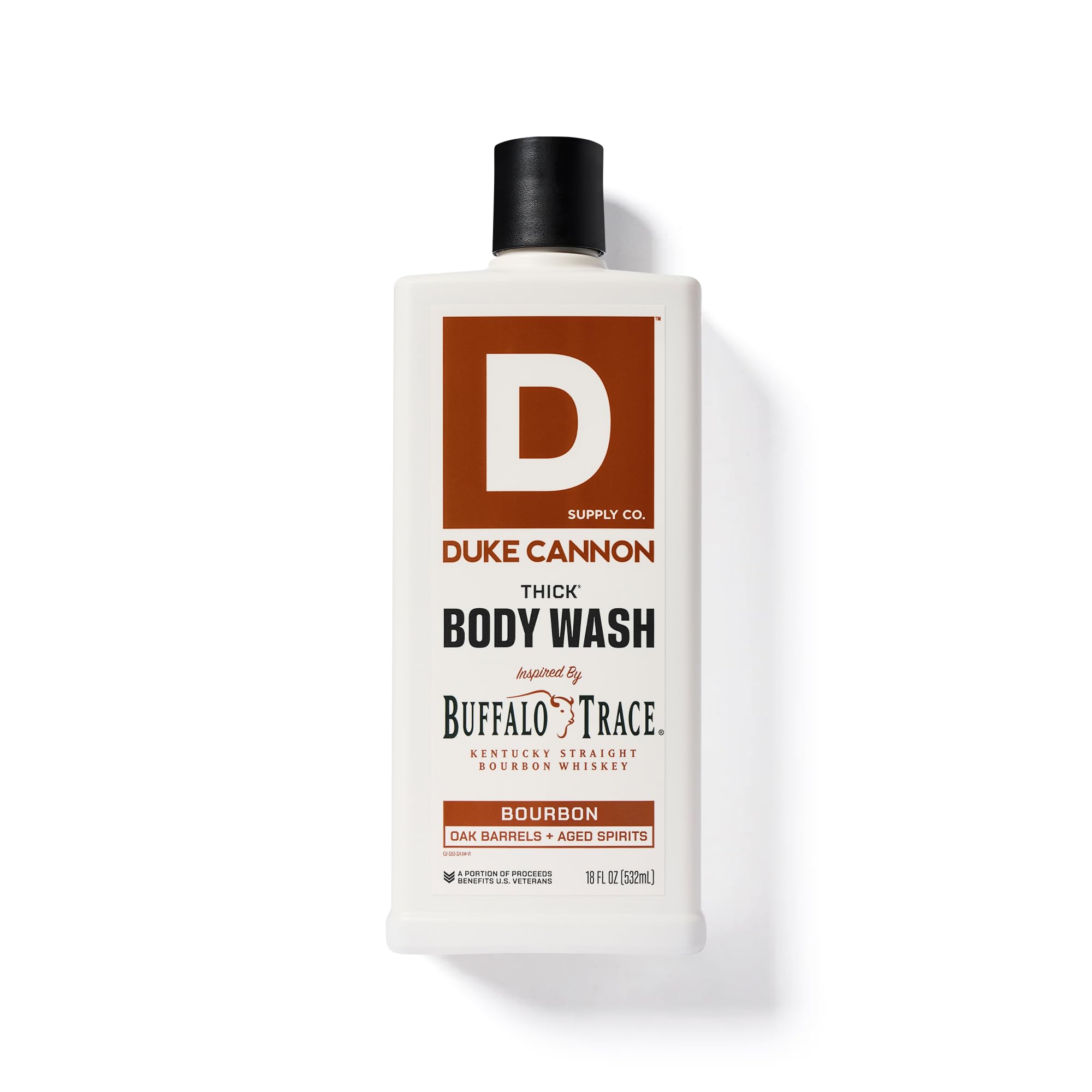 Duke Cannon Bourbon Thick Body Wash 18oz display highlights value and rugged design.