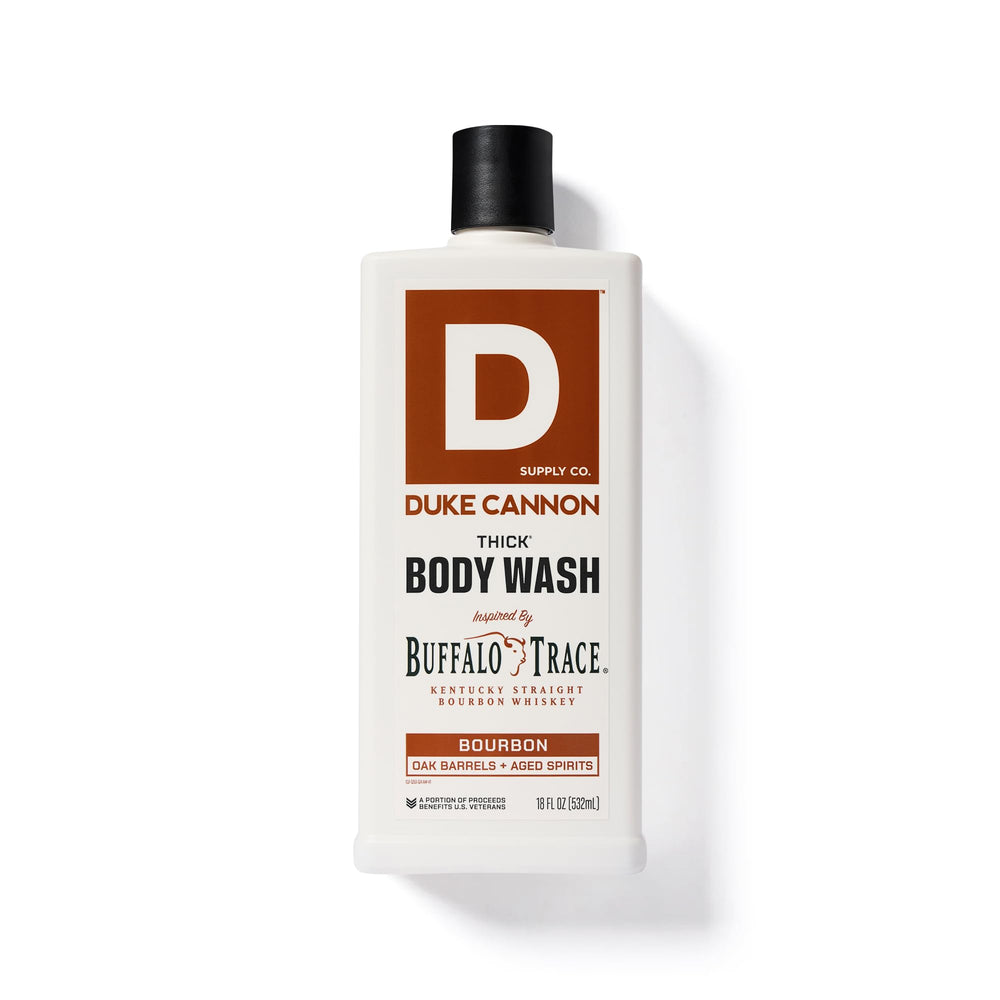 Duke Cannon Bourbon Thick Body Wash 18oz display highlights value and rugged design.